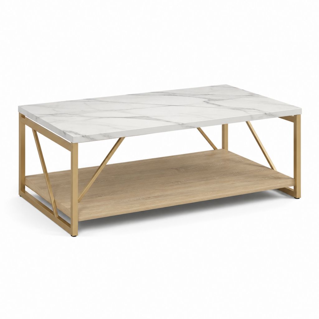 Couchtisch Weiß Eichenfarben MDF PVC-Marmorfolie Rechteckig 100 x 50 x 45 cm mit Ablage