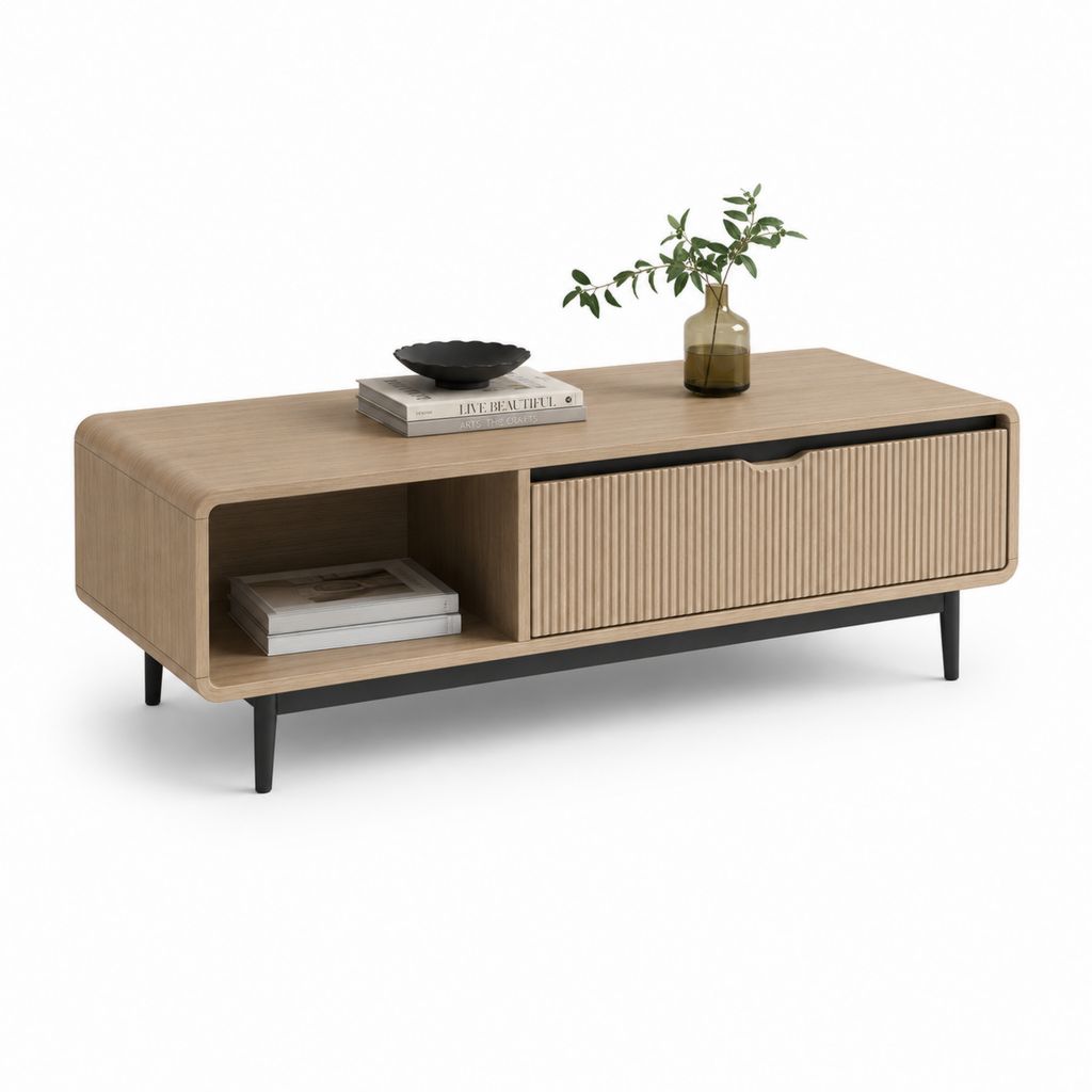 Couchtisch Eiche MDF rechteckig mit Schiebetür und offenem Fach 120 x 60 x 45 cm