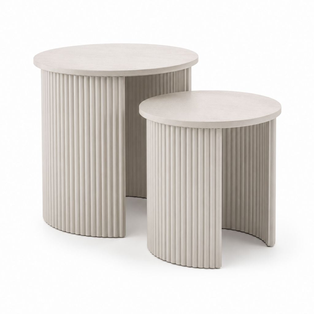 Beistelltisch 2er Set Beige MDF mit Eichenfurnier Rund Geriffelt Ø 80 x 45 cm und Ø 60 x 38 cm