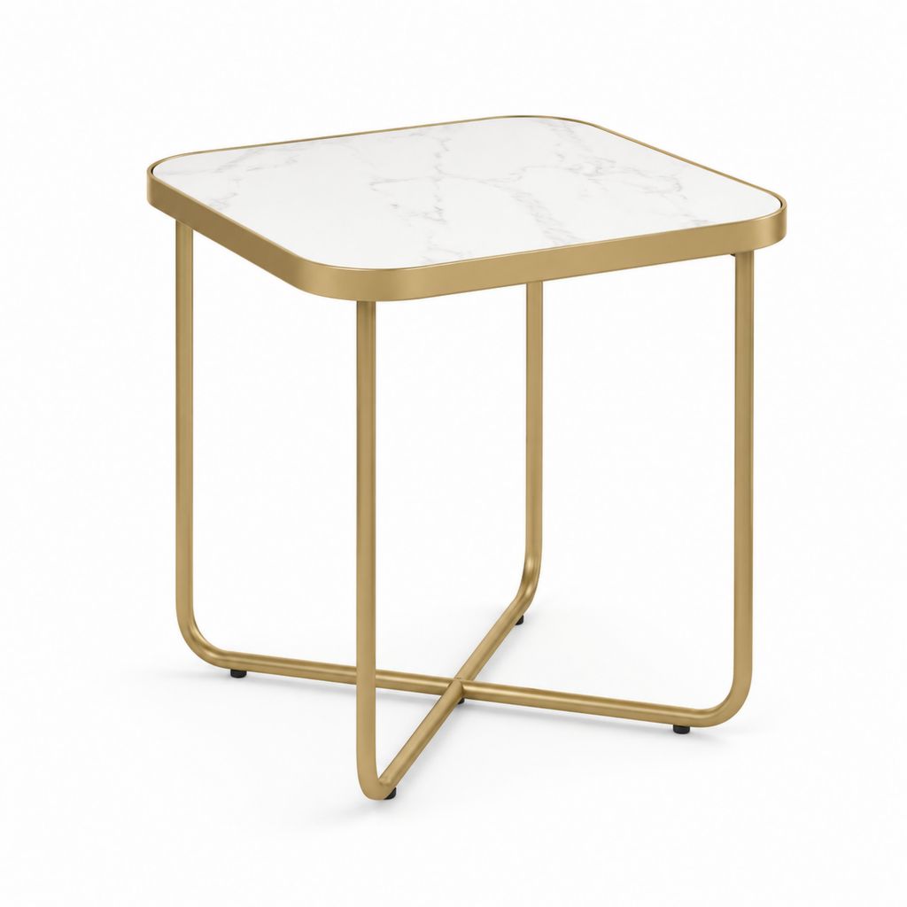 Beistelltisch Gold Weiß Marmoroptik Stahl MDF abgerundet quadratisch 45 x 45 x 55 cm