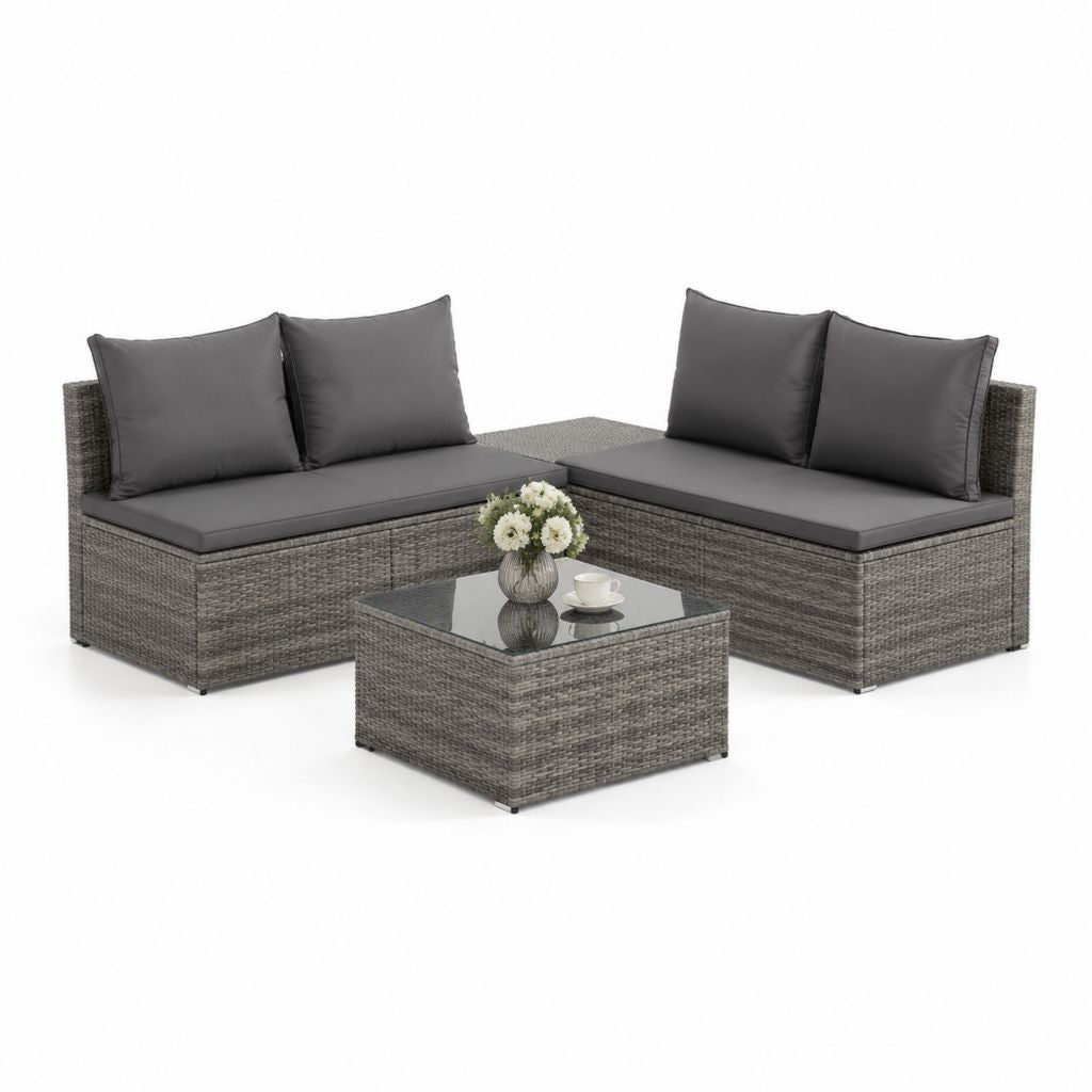 Gartensofa Set Grau aus PE-Rattan mit 2 Zweisitzern und Glastisch 194 x 70 x 63 cm