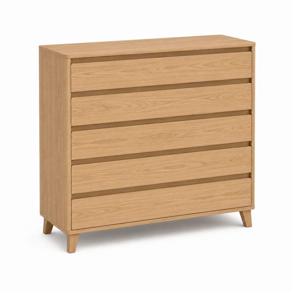 Hochkommode aus massiver Eiche Natur 90 x 45 x 110 cm mit 5 Schubladen