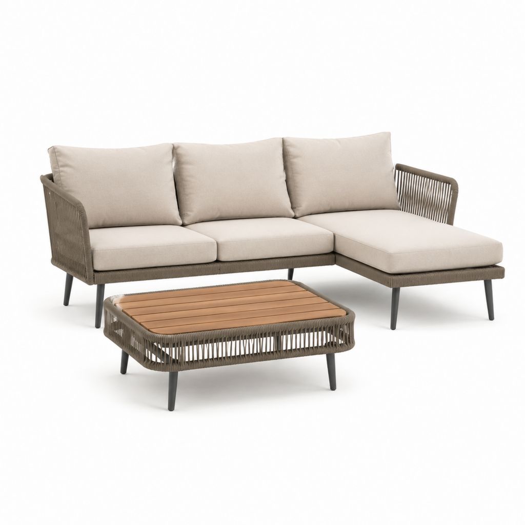 Gartenlounge Set Ecksofa mit rechter Recamiere Beige Aluminium PE-Geflecht 220 x 150 x 78 cm mit Couchtisch 110 x 60 x 42 cm