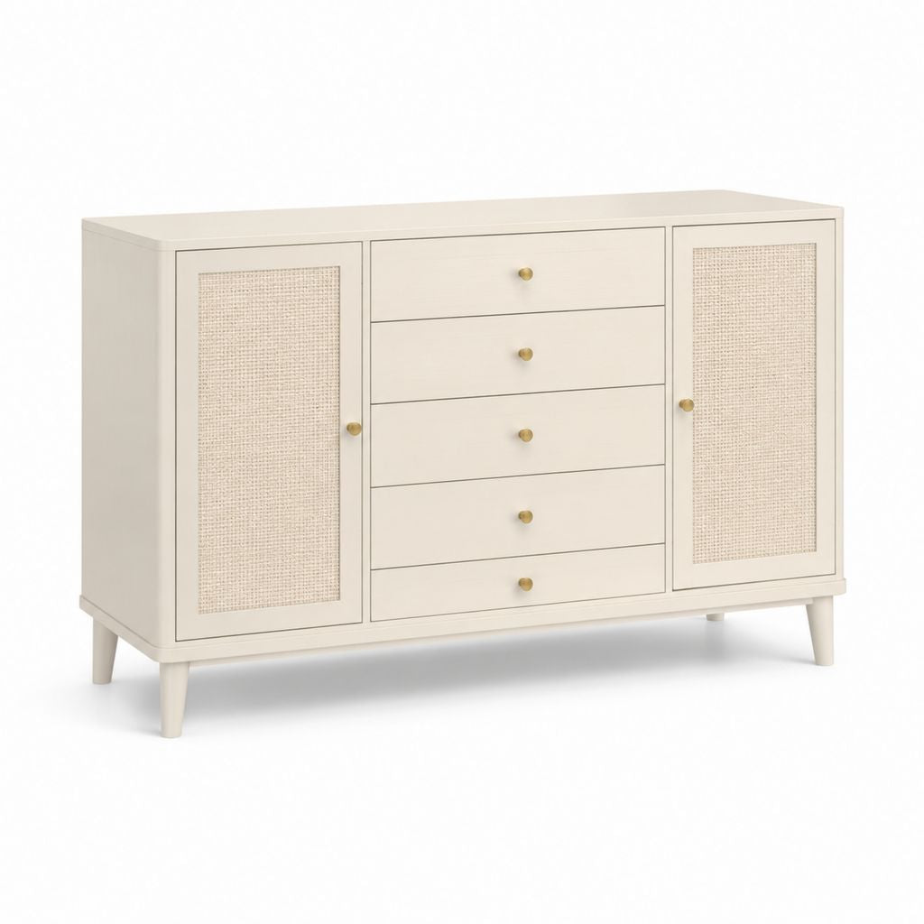 Kommode mit 5 Schubladen und 2 Türen Creme MDF PE-Geflecht rechteckig 120 x 40 x 90 cm