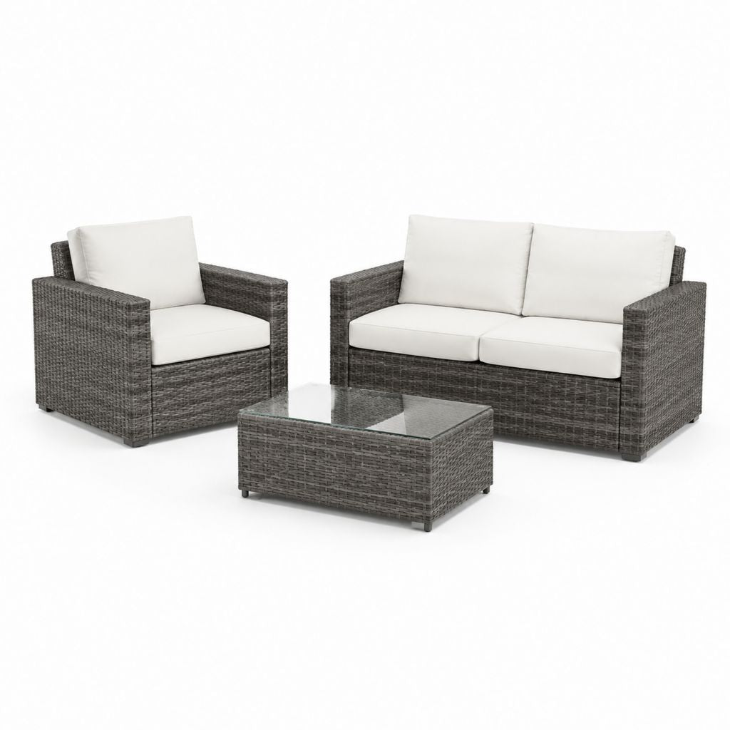 Gartenlounge Set 3-teilig Grau Polyrattan mit Glas Tisch 2-Sitzer 126 x 70 x 78 cm