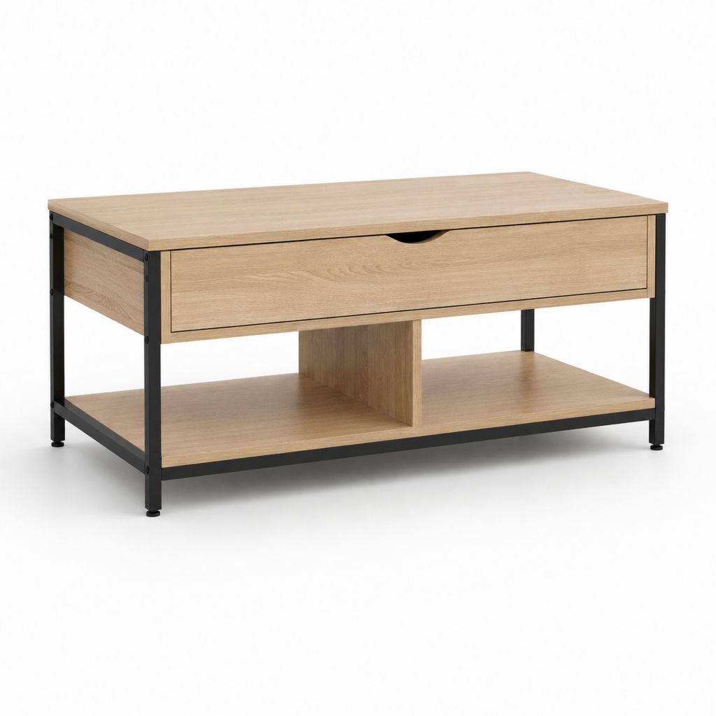 Couchtisch Eichenoptik mit Schublade und Ablage Stahlgestell rechteckig 100 x 55 x 45 cm