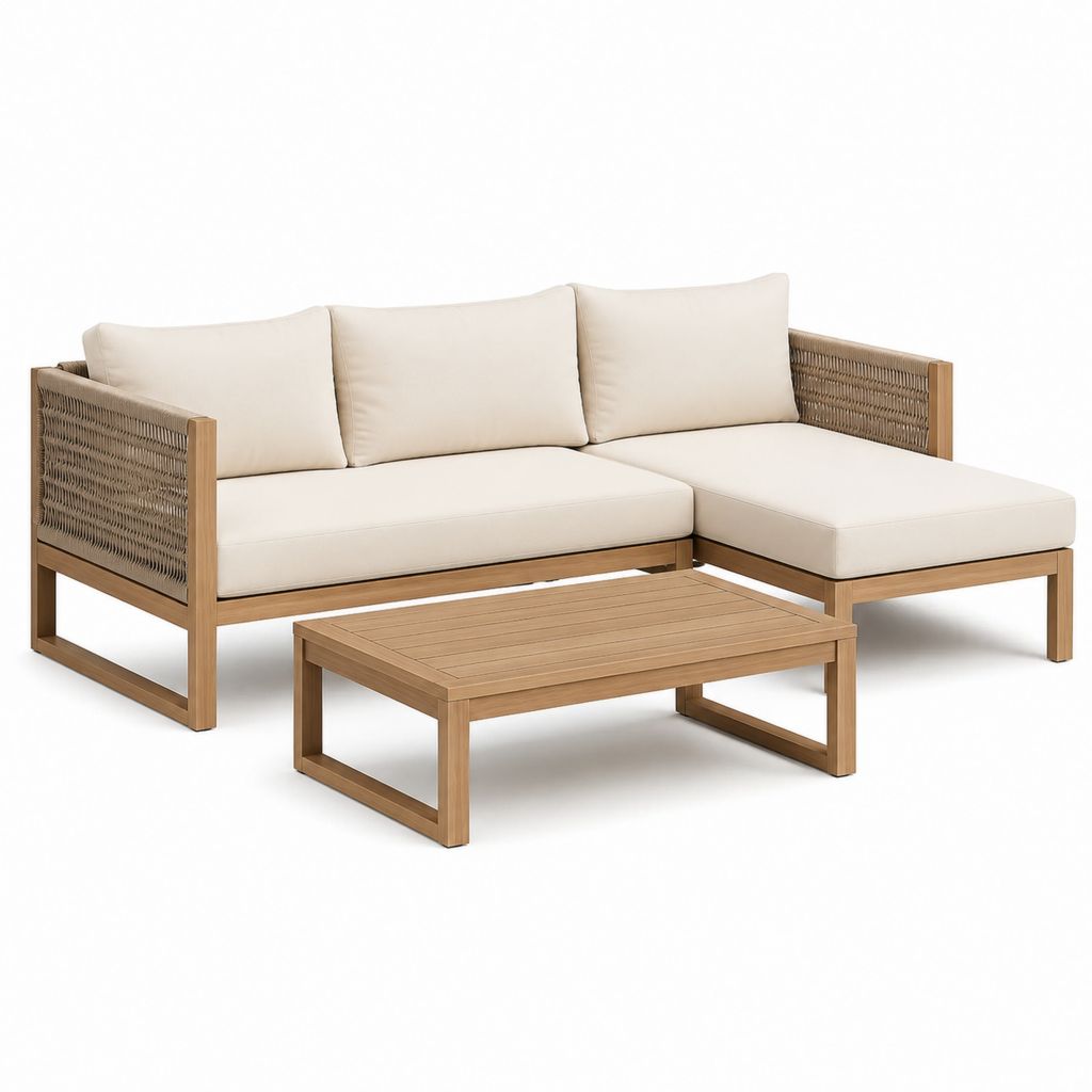 Garten-Loungeset 3-teilig Beige Akazienholz Polyester Seilgeflecht L-Form 210 x 140 x 75 cm