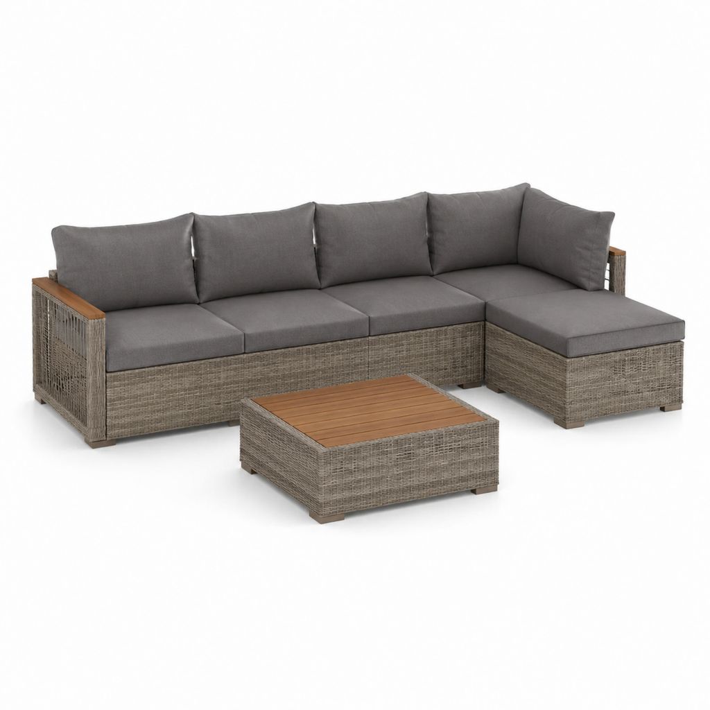Gartenlounge Set L-Form Grau PE-Rattangeflecht Akazienholz mit Couchtisch 250 x 190 x 70 cm