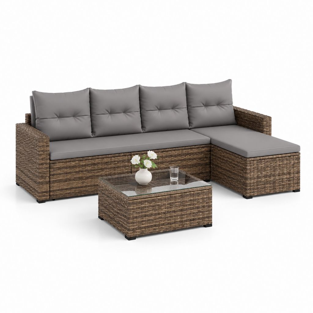 Gartenlounge Set Polyrattan Braun Grau L-Form mit Couchtisch 200 x 140 x 63 cm