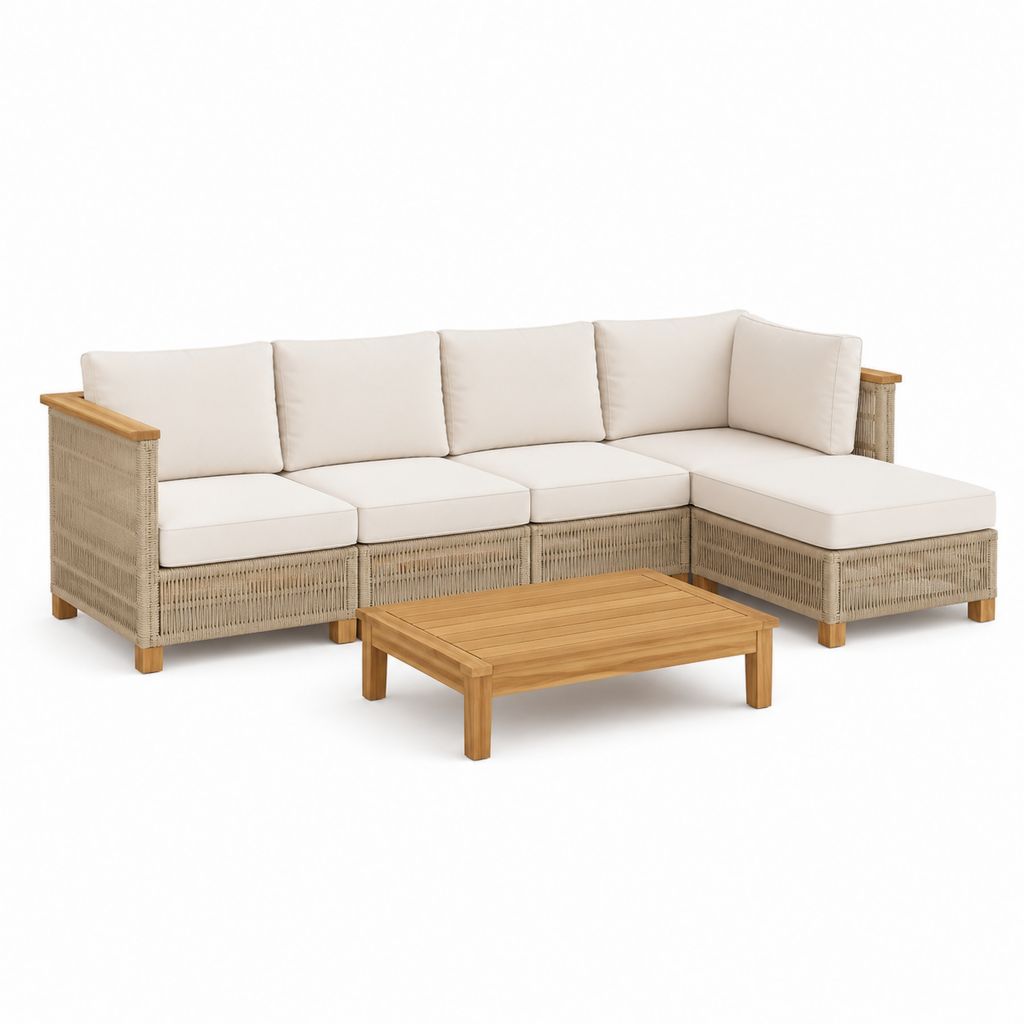 Gartensofa Lounge-Set Beige aus PE-Rattan und Akazienholz mit Couchtisch 230 x 160 cm